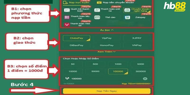 HB88 hỗ trợ 3 phương thức nạp tiền HOT nhất